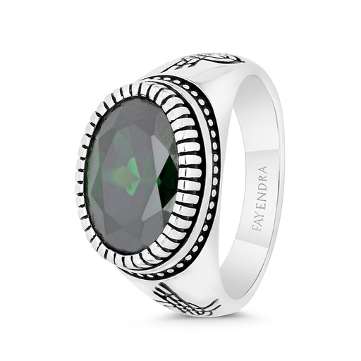 Sterling Silver 925 Ring Rhodium And Black Plated Embedded With Emerald Zircon For Men