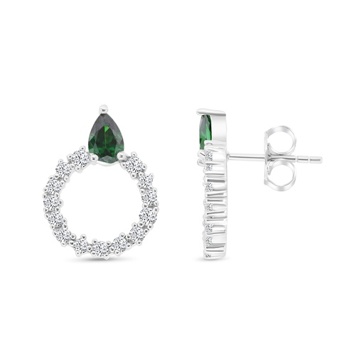 [EAR01EMR00WCZC150] Sterling Silver 925 Earring Rhodium Plated Embedded With Emerald Zircon And White CZ