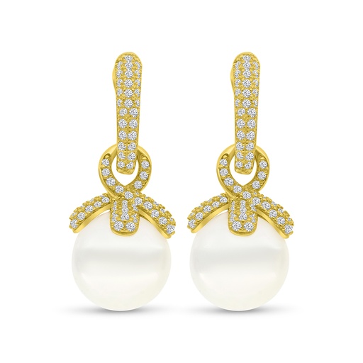[EAR02PRL00WCZC023] Sterling Silver 925 Earring Gold Plated Embedded With White Shell Pearl And White CZ