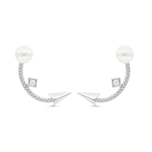 [EAR01PRL00WCZC028] Sterling Silver 925 Earring Rhodium Plated Embedded With White Shell Pearl And White CZ