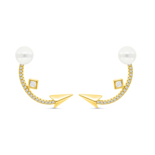 [EAR02PRL00WCZC028] Sterling Silver 925 Earring Gold Plated Embedded With White Shell Pearl And White CZ