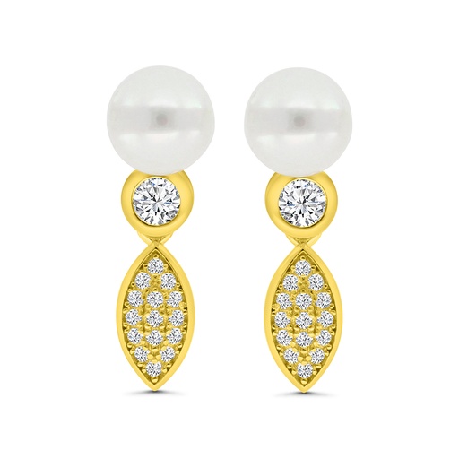 [EAR02PRL00WCZC029] Sterling Silver 925 Earring Gold Plated Embedded With White Shell Pearl And White CZ
