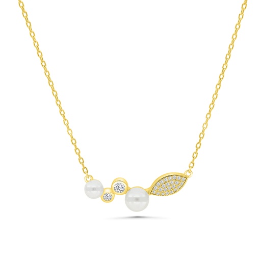 [NCL02PRL00WCZB120] Sterling Silver 925 Necklace Gold Plated Embedded With White Shell Pearl And White CZ