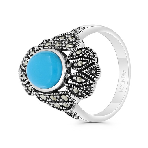 Sterling Silver 925 Ring Embedded With Natural Processed Turquoise And Marcasite Stones
