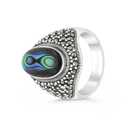 Sterling Silver 925 Ring Embedded With Natural Blue Shell And Marcasite Stones For Men