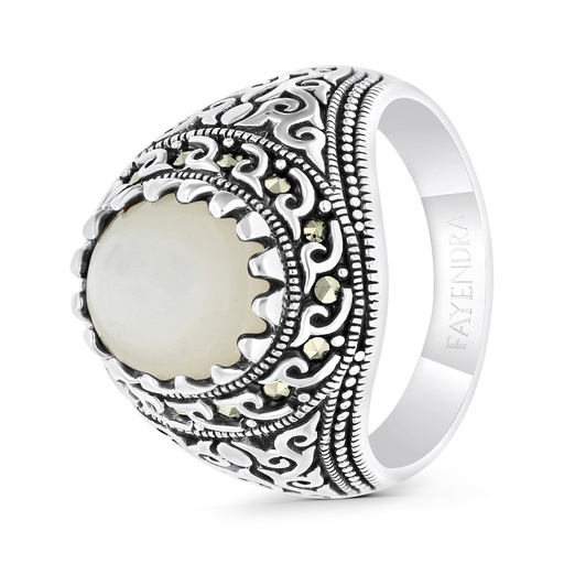 Sterling Silver 925 Ring Embedded With Natural White Shell And Marcasite Stones For Men