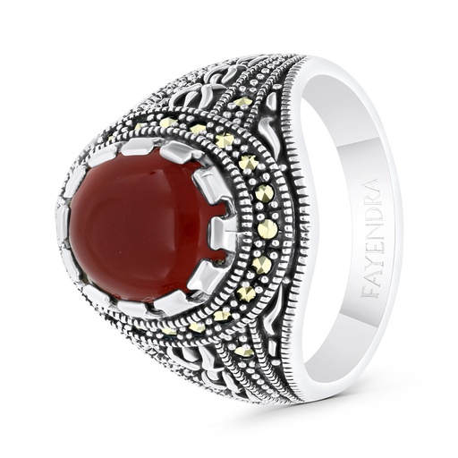 Sterling Silver 925 Ring Embedded With Natural Aqiq And Marcasite Stones For Men