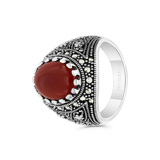 Sterling Silver 925 Ring Embedded With Natural Aqiq And Marcasite Stones For Men