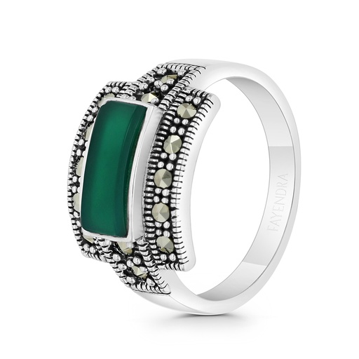 Sterling Silver 925 Ring Embedded With Natural Green Agate And Marcasite Stones