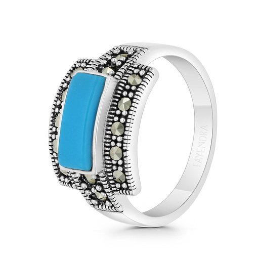 Sterling Silver 925 Ring Embedded With Natural Processed Turquoise And Marcasite Stones