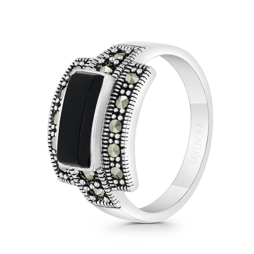 Sterling Silver 925 Ring Embedded With Natural Black Agate And Marcasite Stones