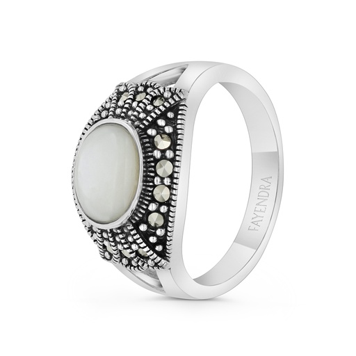 Sterling Silver 925 Ring Embedded With Natural White Shell And Marcasite Stones