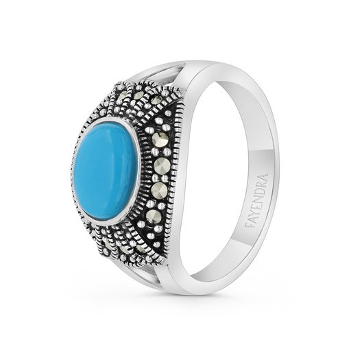 Sterling Silver 925 Ring Embedded With Natural Processed Turquoise And Marcasite Stones