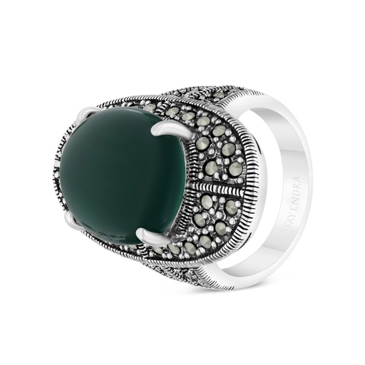 Sterling Silver 925 Ring Embedded With Natural Green Agate And Marcasite Stones