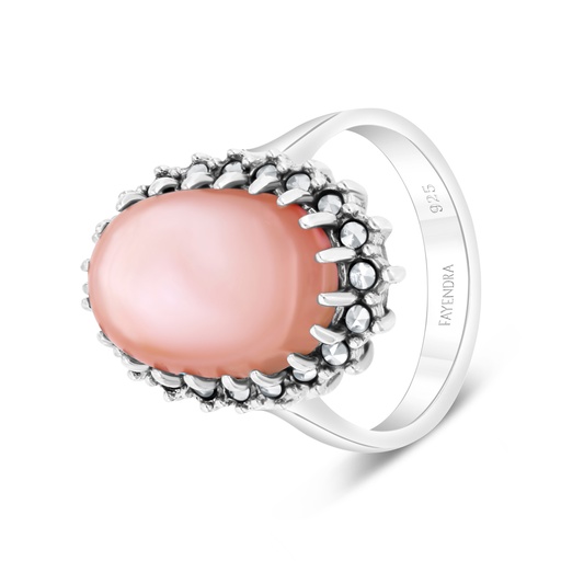 Sterling Silver 925 Ring Embedded With Natural Pink Shell And Marcasite Stones