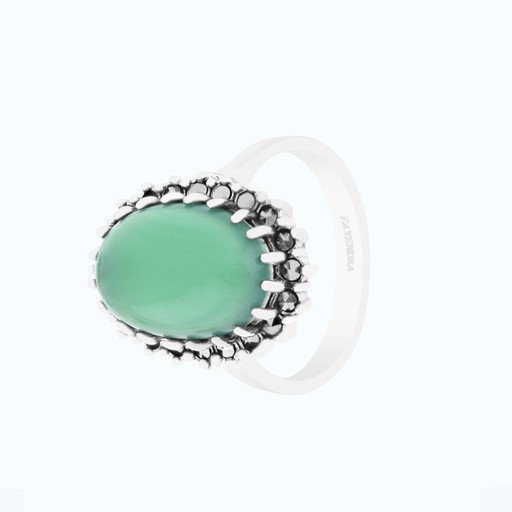 Sterling Silver 925 Ring Embedded With Natural Green Agate And Marcasite Stones