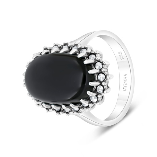 Sterling Silver 925 Ring Embedded With Natural Black Agate And Marcasite Stones