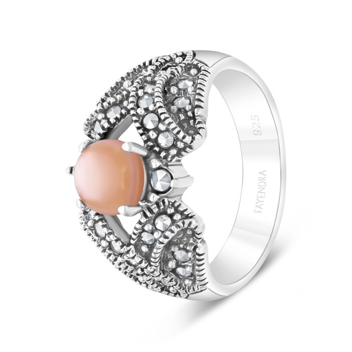 Sterling Silver 925 Ring Embedded With Natural Pink Shell And Marcasite Stones