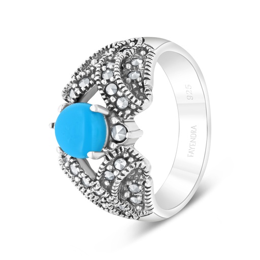 Sterling Silver 925 Ring Embedded With Natural Processed Turquoise And Marcasite Stones