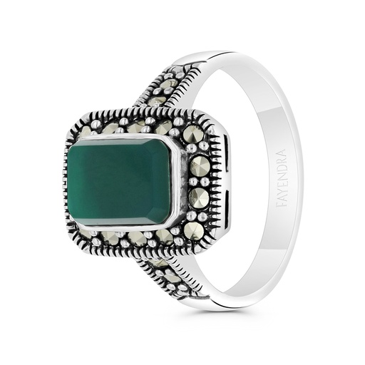 Sterling Silver 925 Ring Embedded With Natural Green Agate And Marcasite Stones