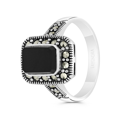 Sterling Silver 925 Ring Embedded With Natural Black Agate And Marcasite Stones