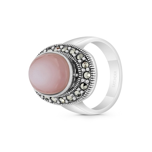 Sterling Silver 925 Ring Embedded With Natural Pink Shell And Marcasite Stones