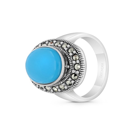 Sterling Silver 925 Ring Embedded With Natural Processed Turquoise And Marcasite Stones