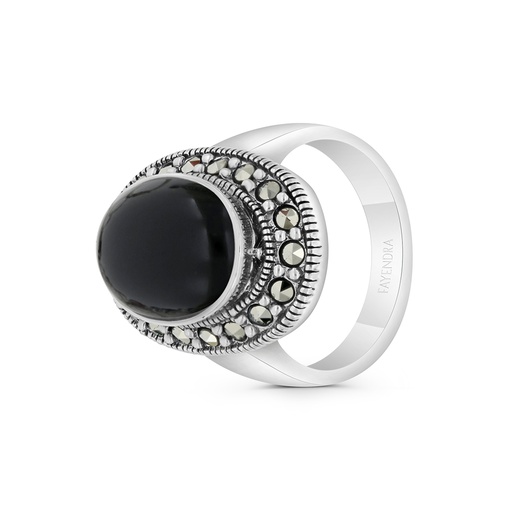 Sterling Silver 925 Ring Embedded With Natural Black Agate And Marcasite Stones