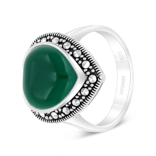 Sterling Silver 925 Ring Embedded With Natural Green Agate And Marcasite Stones