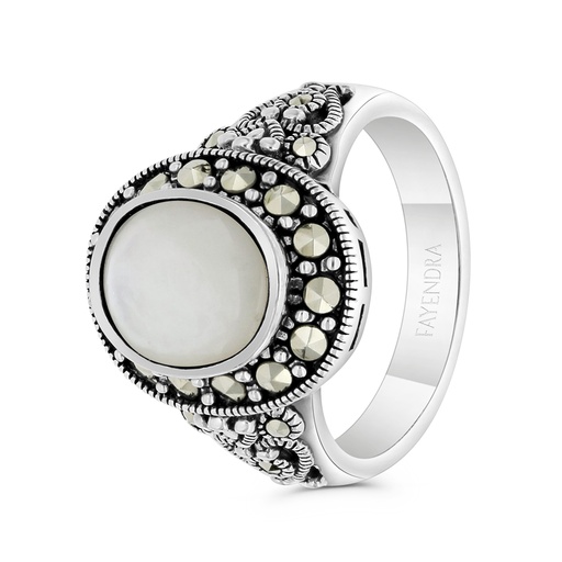 Sterling Silver 925 Ring Embedded With Natural White Shell And Marcasite Stones