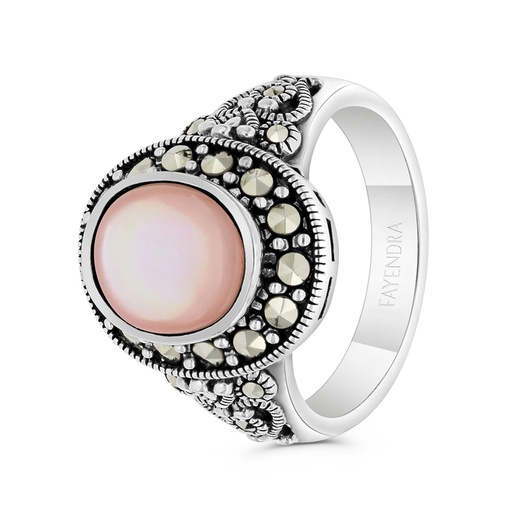 Sterling Silver 925 Ring Embedded With Natural Pink Shell And Marcasite Stones