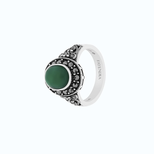 Sterling Silver 925 Ring Embedded With Natural Green Agate And Marcasite Stones