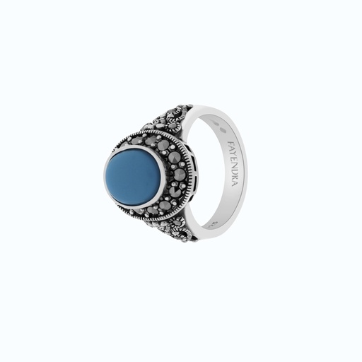 Sterling Silver 925 Ring Embedded With Natural Processed Turquoise And Marcasite Stones