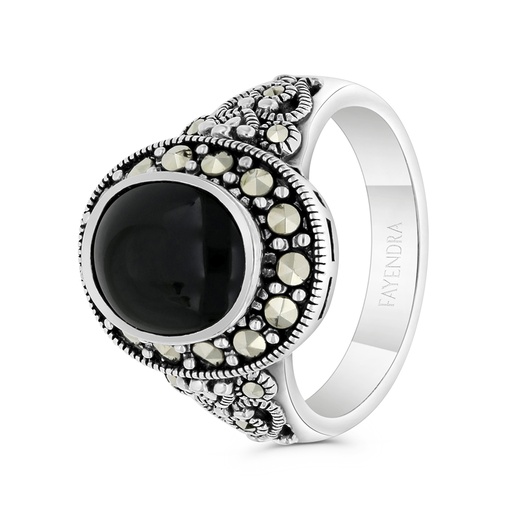 Sterling Silver 925 Ring Embedded With Natural Black Agate And Marcasite Stones