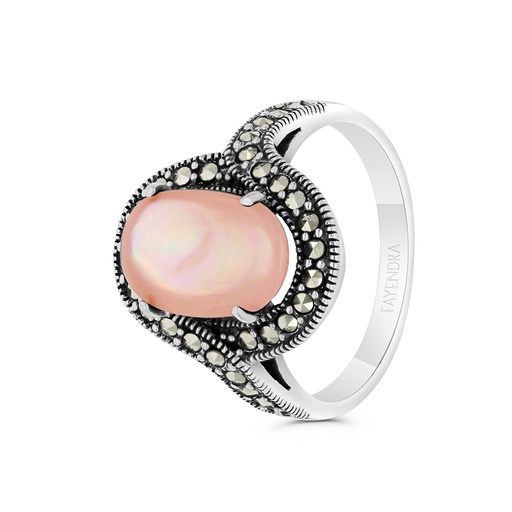 Sterling Silver 925 Ring Embedded With Natural Pink Shell And Marcasite Stones