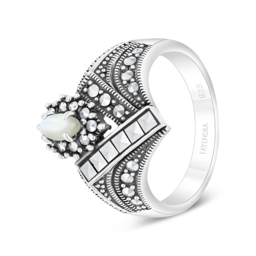 Sterling Silver 925 Ring Embedded With Natural White Shell And Marcasite Stones