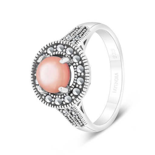 Sterling Silver 925 Ring Embedded With Natural Pink Shell And Marcasite Stones