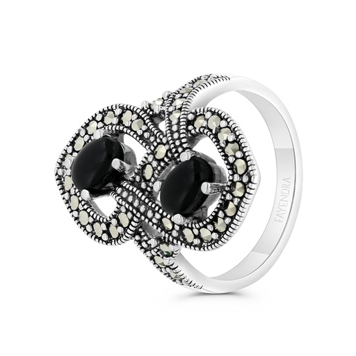 Sterling Silver 925 Ring Embedded With Natural Onxy And Marcasite Stones