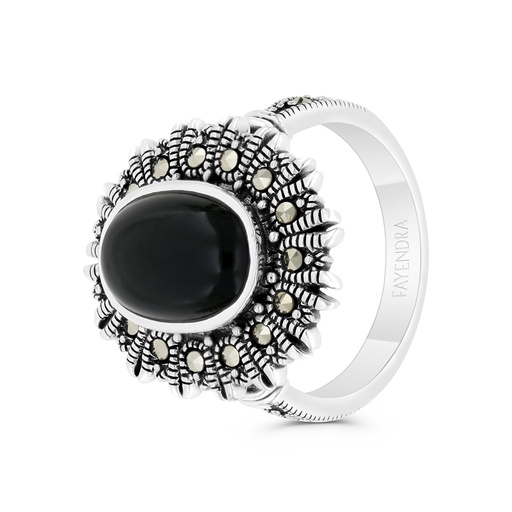 Sterling Silver 925 Ring Embedded With Natural Onxy And Marcasite Stones