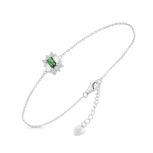 [BRC01EMR00WCZB012] Sterling Silver 925 Bracelet Rhodium Plated Embedded With Emerald Zircon And White CZ