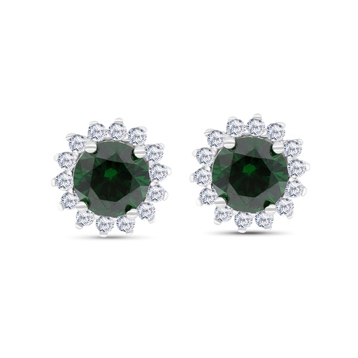 [EAR01EMR00WCZC037] Sterling Silver 925 Earring Rhodium Plated Embedded With Emerald Zircon And White CZ