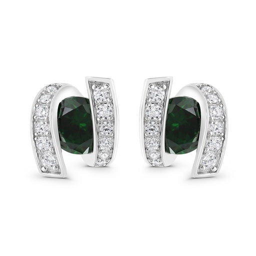 [EAR01EMR00WCZC039] Sterling Silver 925 Earring Rhodium Plated Embedded With Emerald Zircon And White CZ