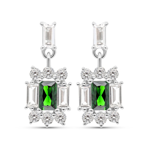 [EAR01EMR00WCZC044] Sterling Silver 925 Earring Rhodium Plated Embedded With Emerald Zircon And White CZ