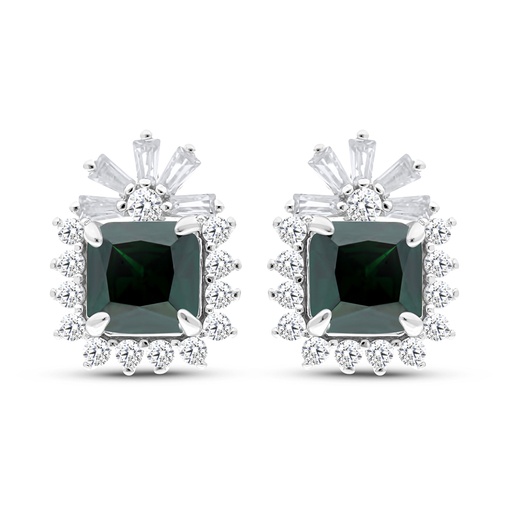 [EAR01EMR00WCZC065] Sterling Silver 925 Earring Rhodium Plated Embedded With Emerald Zircon And White CZ