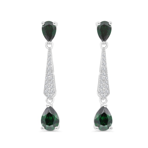 [EAR01EMR00WCZC074] Sterling Silver 925 Earring Rhodium Plated Embedded With Emerald Zircon And White CZ