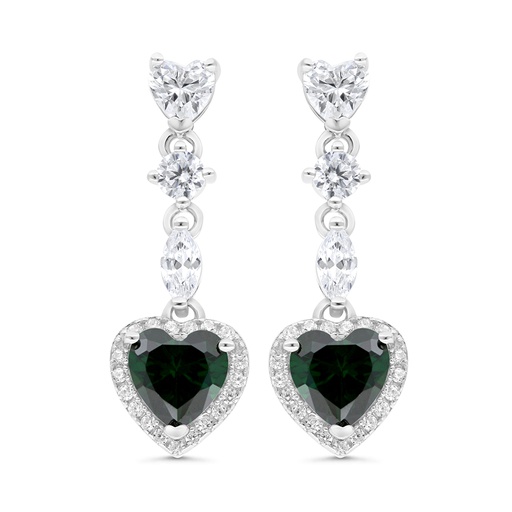[EAR01EMR00WCZC075] Sterling Silver 925 Earring Rhodium Plated Embedded With Emerald Zircon And White CZ