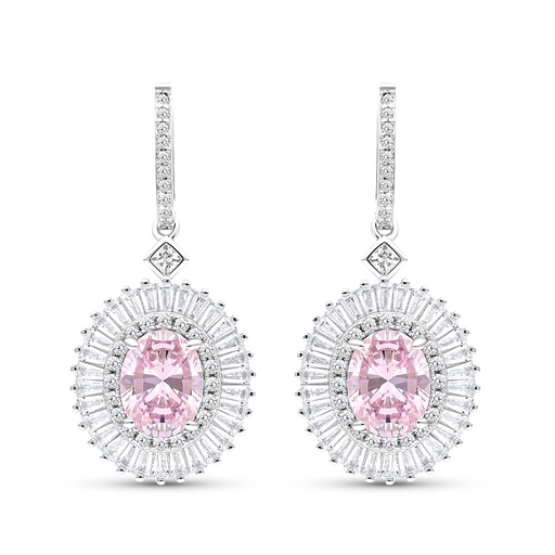 [EAR01PIK00WCZC051] Sterling Silver 925 Earring Rhodium Plated Embedded With Pink Zircon And White CZ