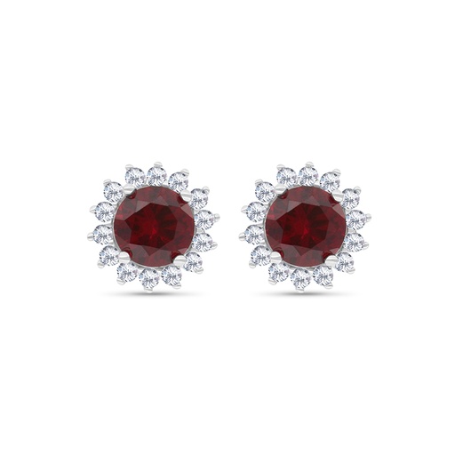 [EAR01RUB00WCZC037] Sterling Silver 925 Earring Rhodium Plated Embedded With Ruby Corundum And White CZ