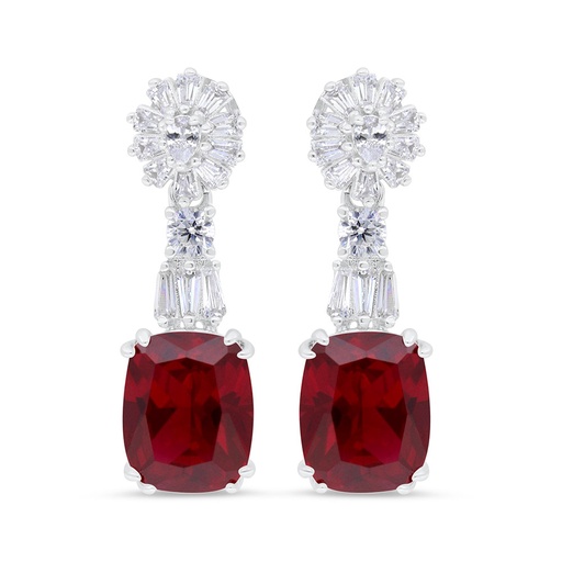 [EAR01RUB00WCZC038] Sterling Silver 925 Earring Rhodium Plated Embedded With Ruby Corundum And White CZ