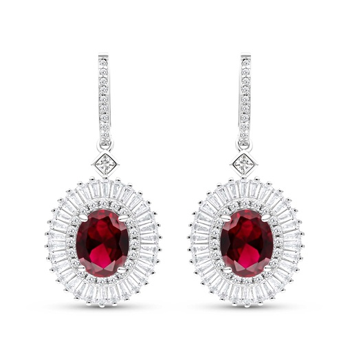 [EAR01RUB00WCZC051] Sterling Silver 925 Earring Rhodium Plated Embedded With Ruby Corundum And White CZ